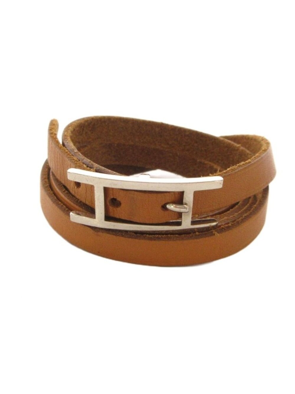 Hermes Hapi 3 Leather Bracelet H Buckle Brown Silver Colored